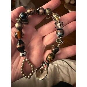 Vintage Artisan Lampwork Glass Bead Bracelet - Sterling Silver Charms